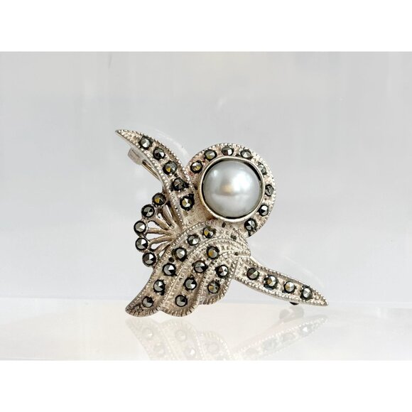 Marcasite Faux Button Pearl Abstract Art Deco Sterling Vintage Brooch Pendant - Picture 5 of 10